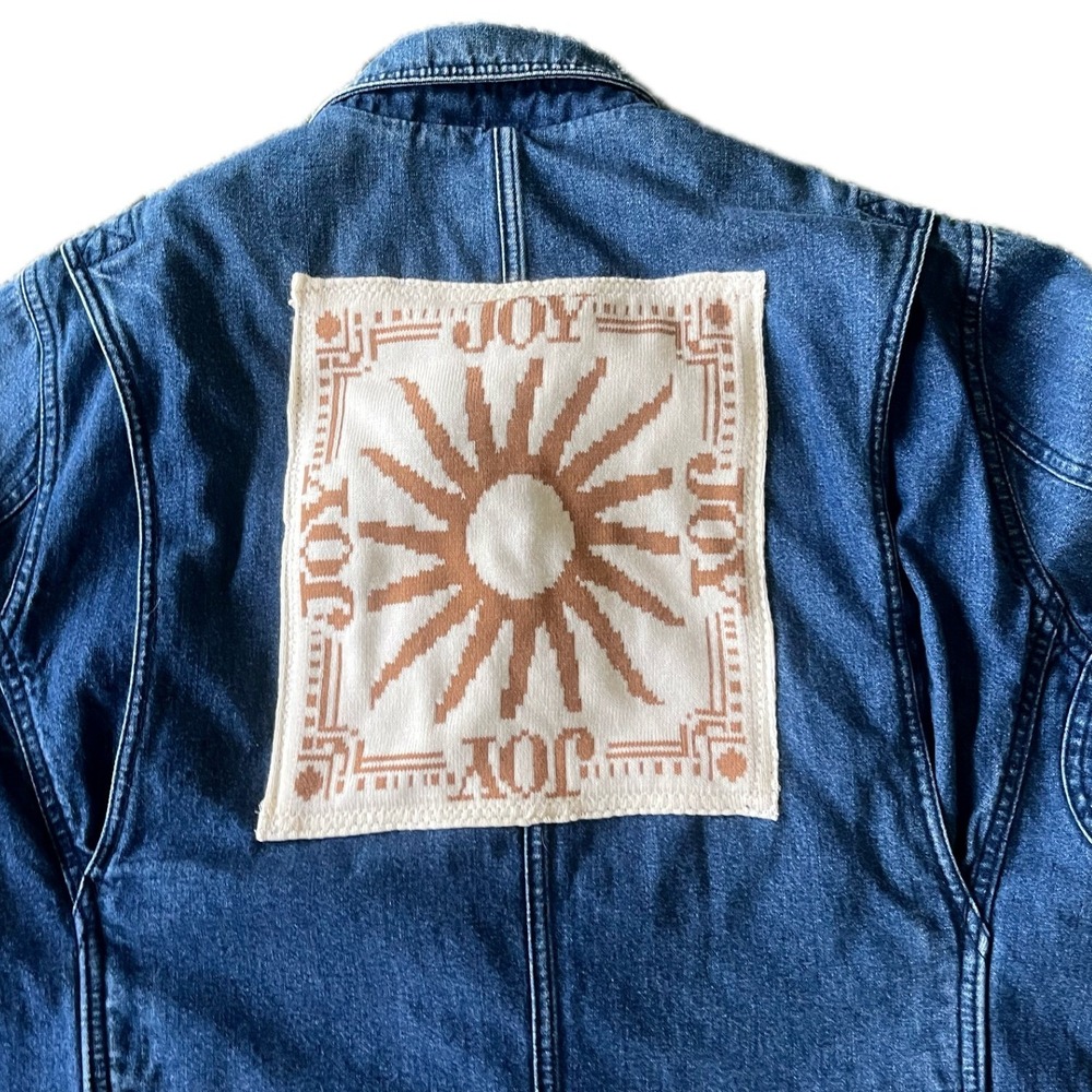Upcycled Duluth Trading Co Denim Chore Coat Sun Joy Patch Jacket Women Sz L Fall